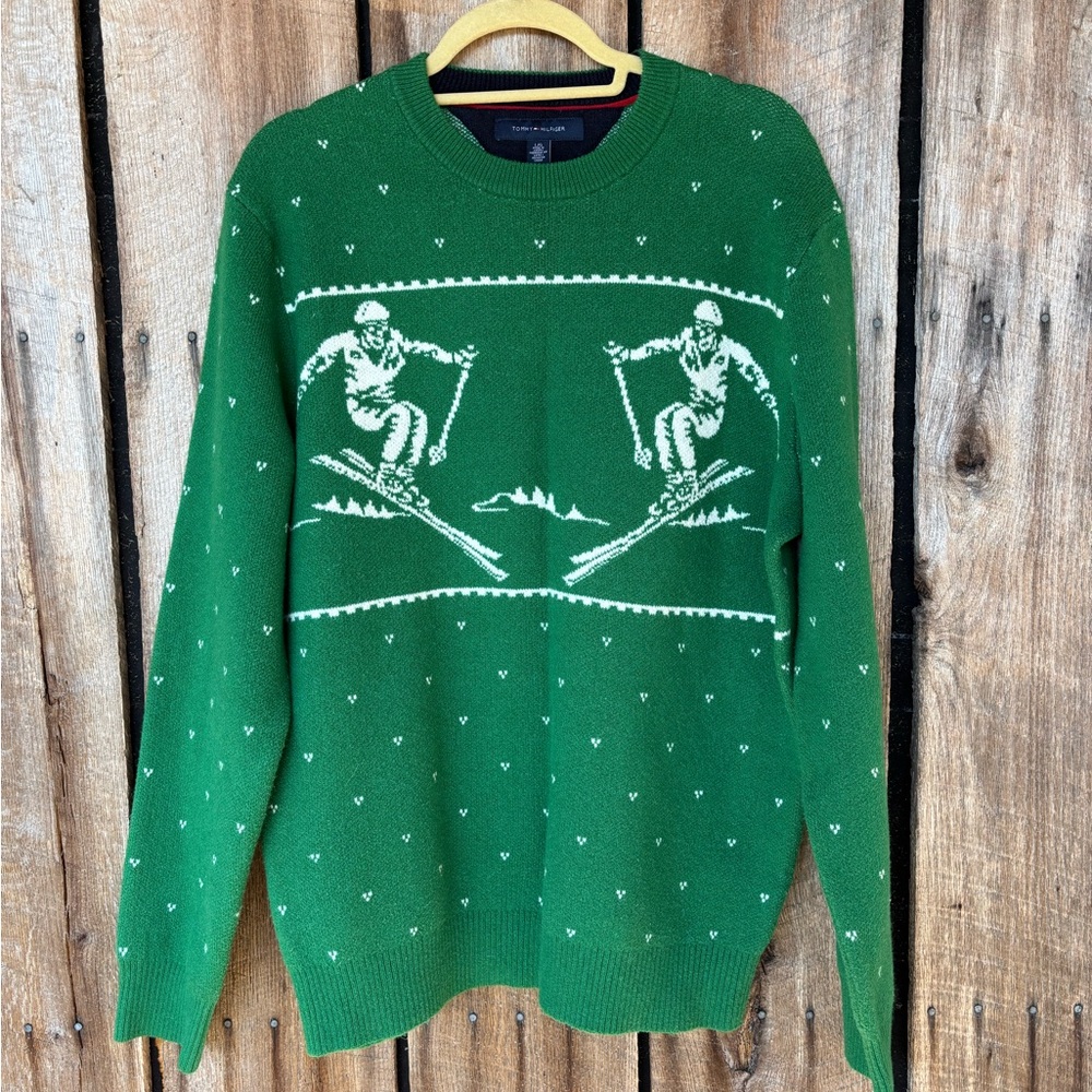 Tommy Hilfiger Lux Cotton Ski Sweater Large Green Skier‎ Graphic Winter Preppy